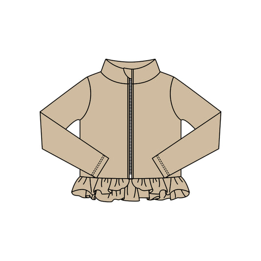 MOQ 5 Preorder GT1334 Solid Khaki Ruffle Zipper Long Sleeve Girls Yoga Tops 202510