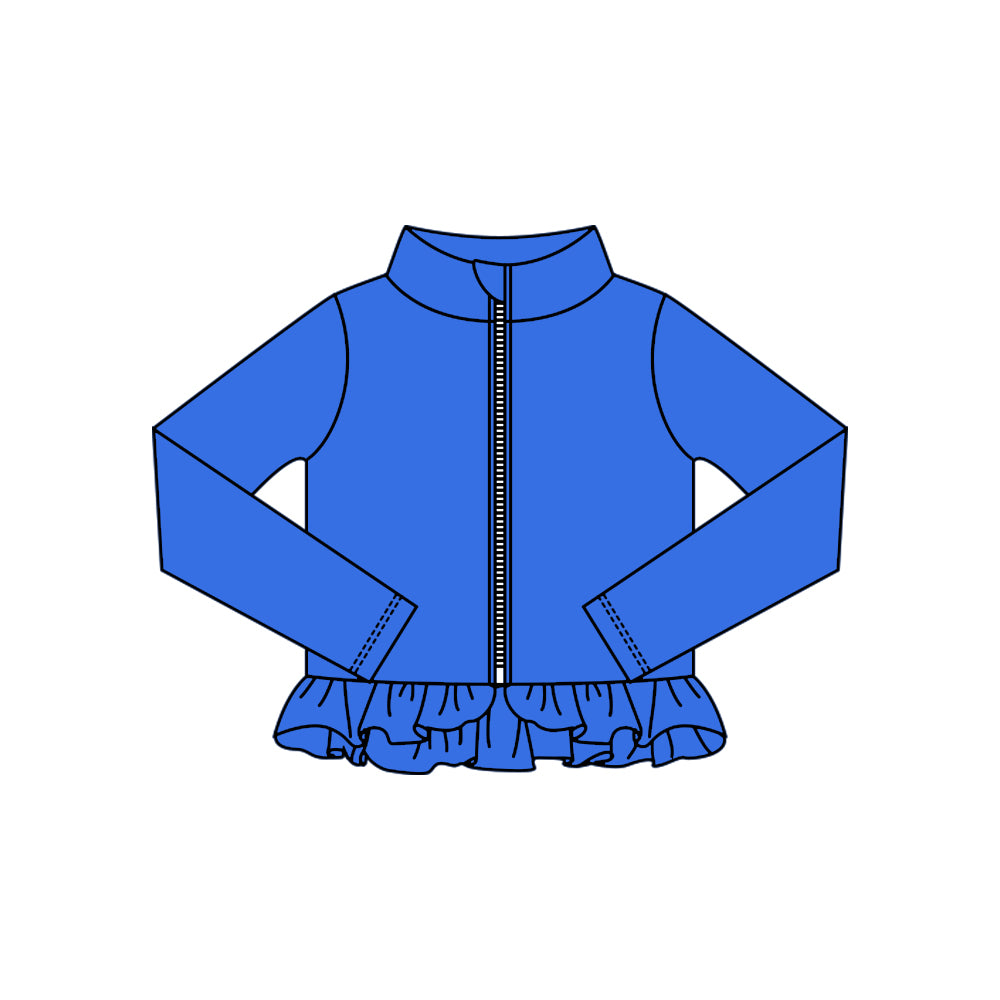 MOQ 5 Preorder GT1335 Solid Blue Ruffle Zipper Long Sleeve Girls Yoga Tops 202510
