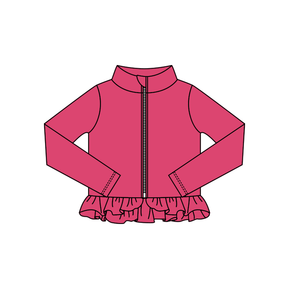 MOQ 5 Preorder GT1337 Solid Rose Red Ruffle Zipper Long Sleeve Girls Yoga Tops 202510