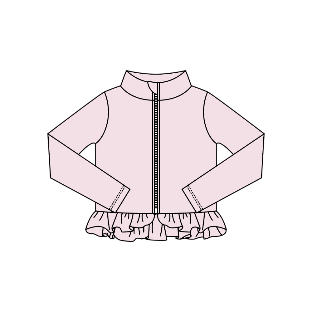 MOQ 5 Preorder GT1338 Solid Light Pink Ruffle Zipper Long Sleeve Girls Yoga Tops 202510