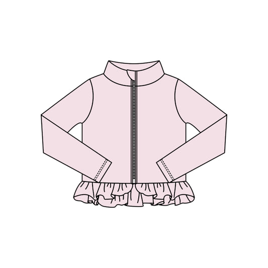 MOQ 5 Preorder GT1338 Solid Light Pink Ruffle Zipper Long Sleeve Girls Yoga Tops 202510