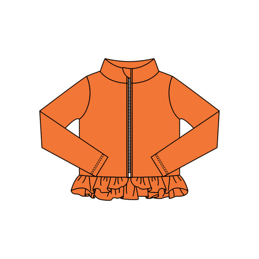 MOQ 5 Preorder GT1340 Solid Orange Ruffle Zipper Long Sleeve Girls Yoga Tops 202510