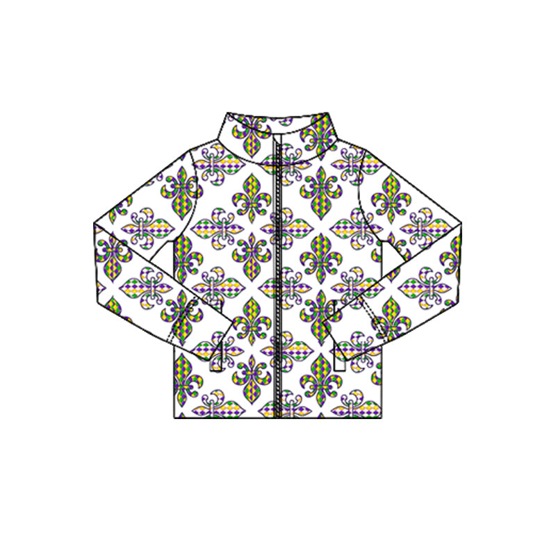 MOQ 5 Preorder GT1349 Mardi Gras White Zipper Long Sleeve Girls Yoga Tops 202510