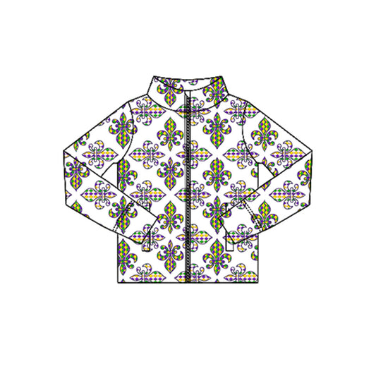 MOQ 5 Preorder GT1349 Mardi Gras White Zipper Long Sleeve Girls Yoga Tops 202510