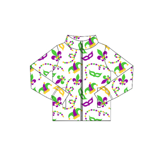 MOQ 5 Preorder GT1350 Mardi Gras Mask Necklace White Zipper Long Sleeve Girls Yoga Tops 202510