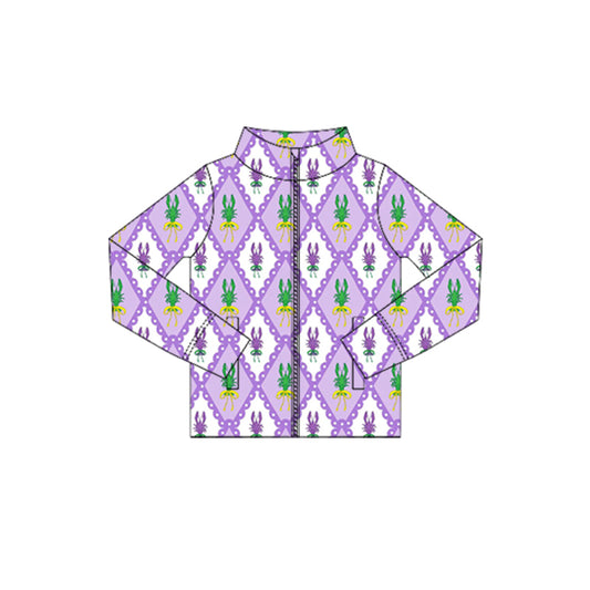 MOQ 5 Preorder GT1353 Mardi Gras Crayfish Plaid Purple Zipper Long Sleeve Girls Yoga Tops 202510