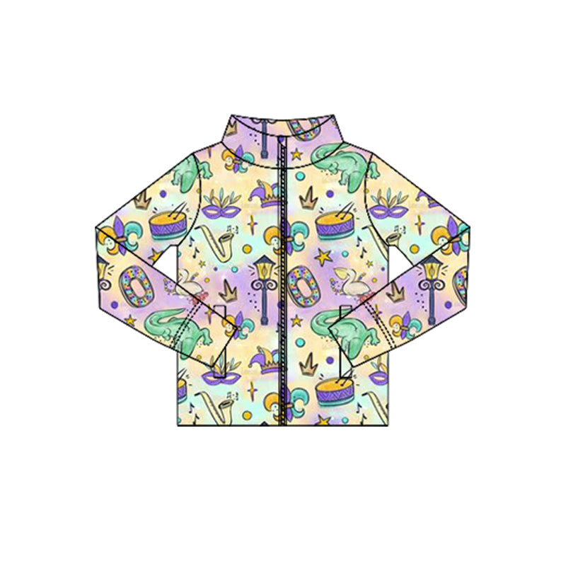 MOQ 5 Preorder GT1355 Mardi Gras Colored Zipper Long Sleeve Girls Yoga Tops 202510