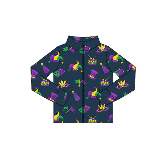 MOQ 5 Preorder GT1356 Mardi Gras Mask Navy Zipper Long Sleeve Girls Yoga Tops 202510
