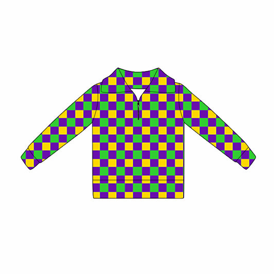 MOQ 5 Preorder GT1361 Mardi Gras Purple Green Yellow Plaid Zipper Collar Long Sleeve Girls Yoga Tops 202510