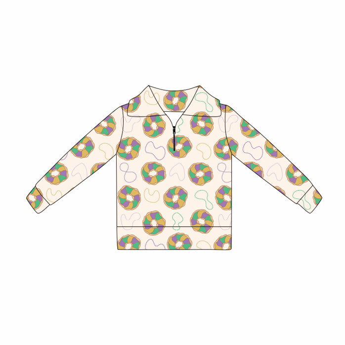 MOQ 5 Preorder GT1362 Mardi Gras Doughnut Zipper Collar Long Sleeve Girls Yoga Tops 202510
