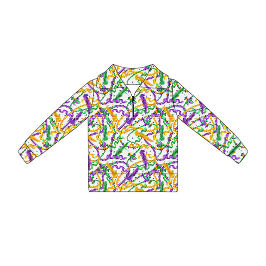 MOQ 5 Preorder GT1368 Mardi Gras Colored Ribbon Colored Zipper Collar Long Sleeve Girls Yoga Tops 202510