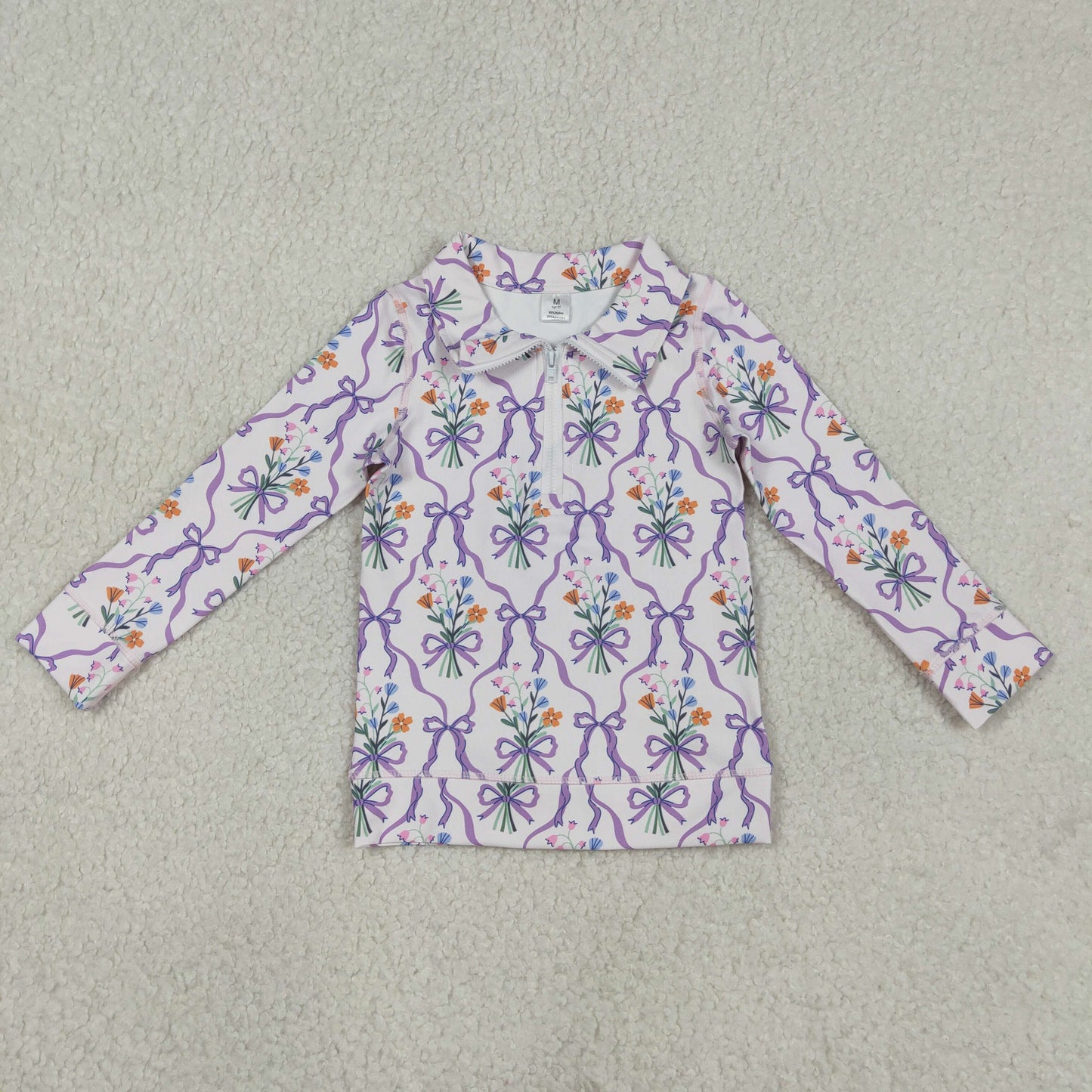 GT1371 Flower Bows Purple Zipper Collar Long Sleeve Girls Yoga Tops 202601 RTS