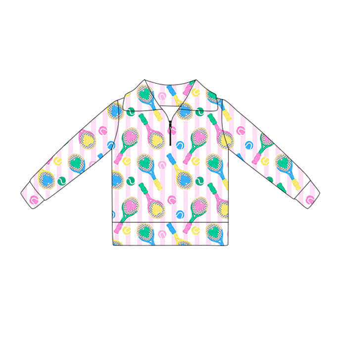 MOQ 5 Preorder GT1372 Love Heart Racket Pink Stripe Zipper Collar Long Sleeve Girls Yoga Tops 202510