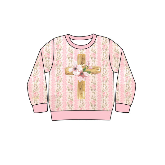 MOQ 5 preorder GT1377 Easter Cross Flower Pink Long Sleeve Girls Top 202510