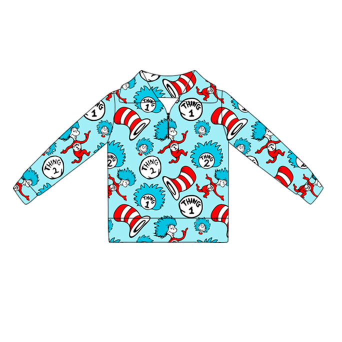 MOQ 5 Preorder GT1378 Dr Seuss Blue Zipper Collar Long Sleeve Girls Yoga Tops 202510