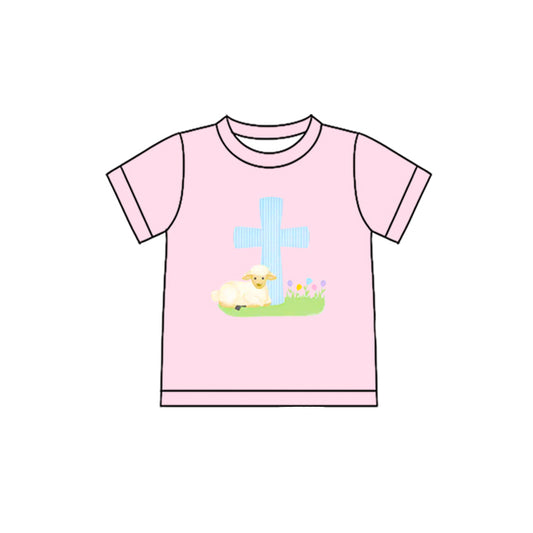 MOQ 5 Preorder GT1394 Easter Cross Sheep Pink Short Sleeve Girls Tops 202510