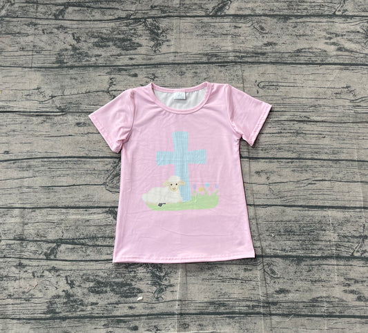 NO MOQ Preorder GT1394 Easter Cross Sheep Pink Short Sleeve Girls Tops 202511