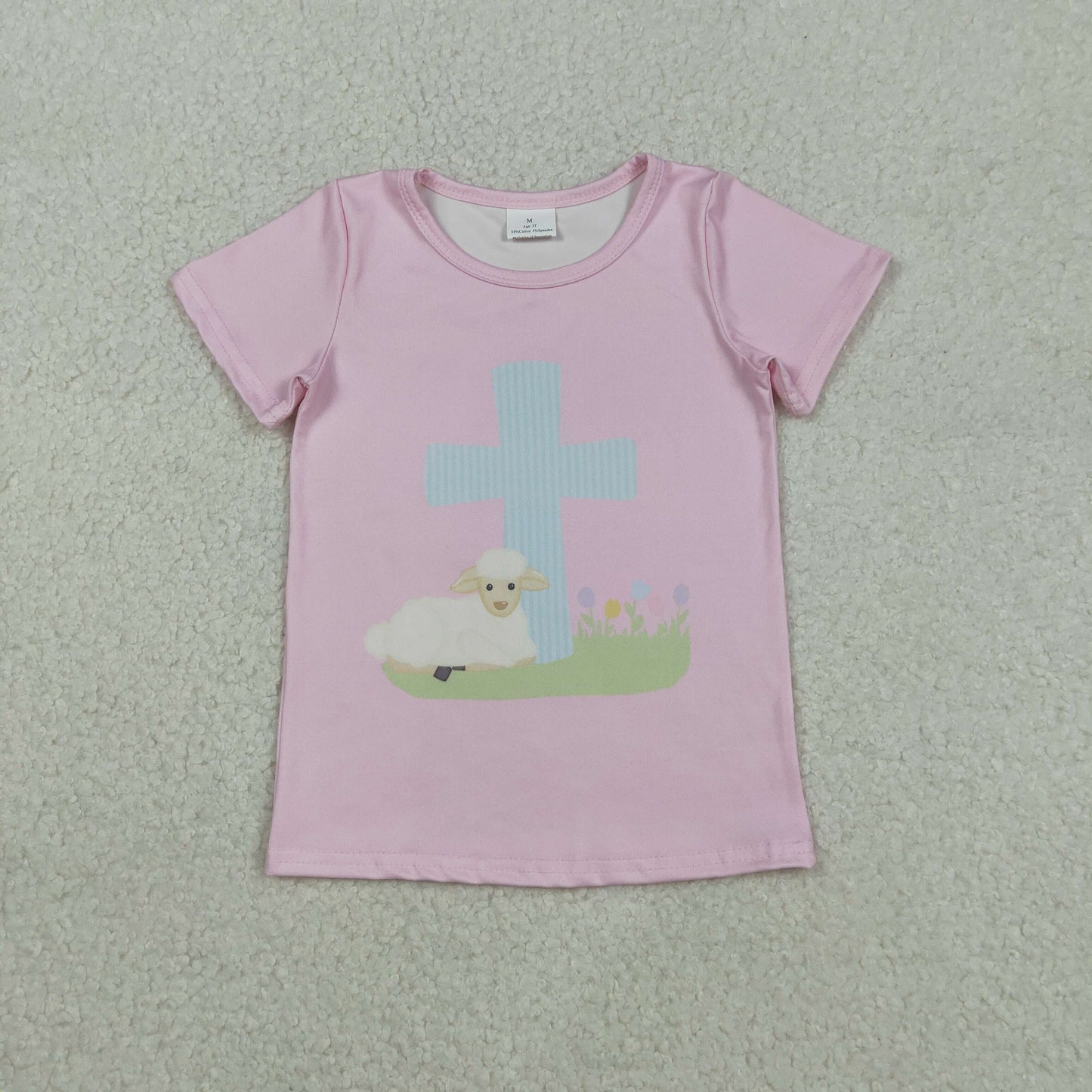 GT1394 Easter Cross Sheep Pink Short Sleeve Girls Tops 202511 RTS