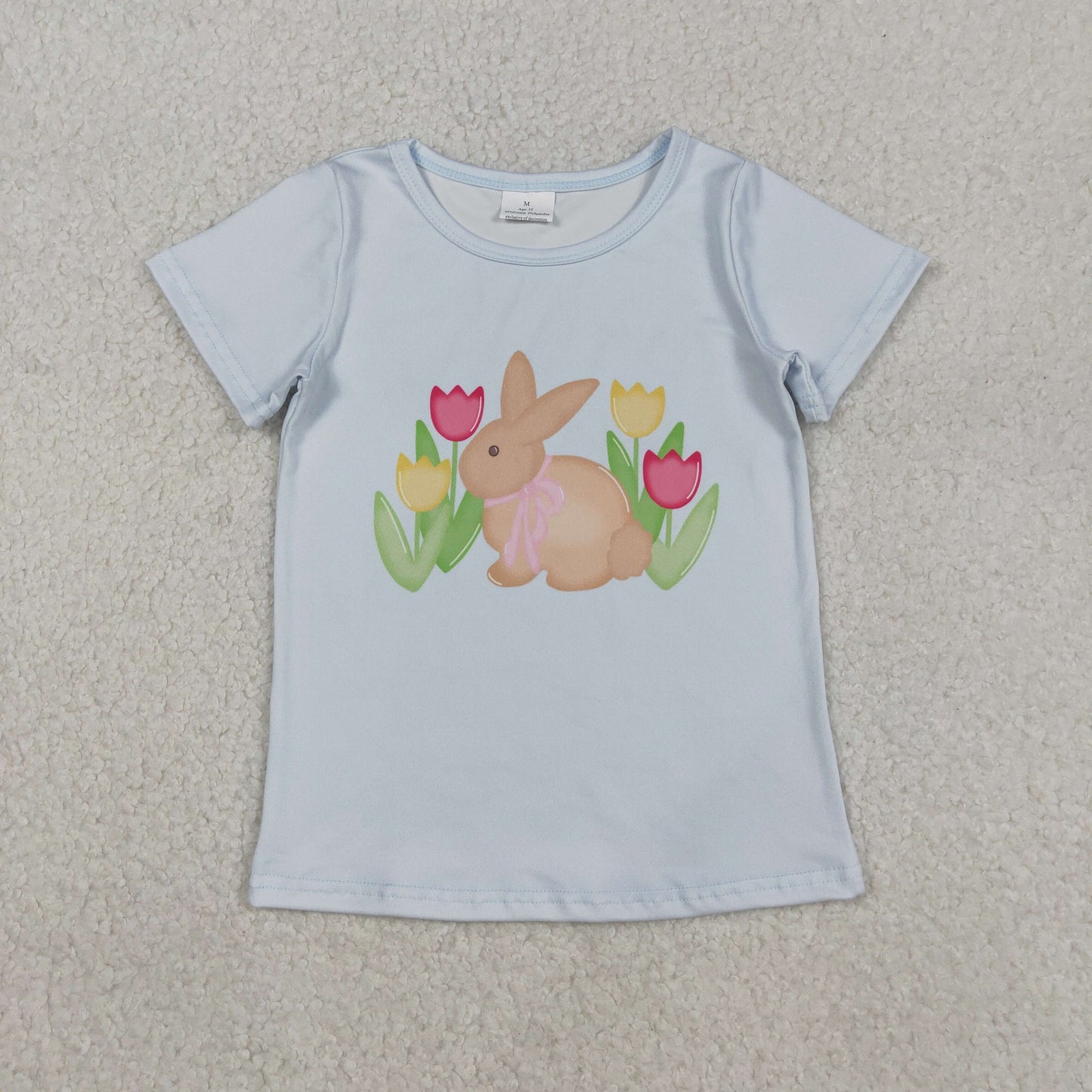 GT1398 Easter Bunny Flower Blue Short Sleeve Girls Tops 202511 RTS