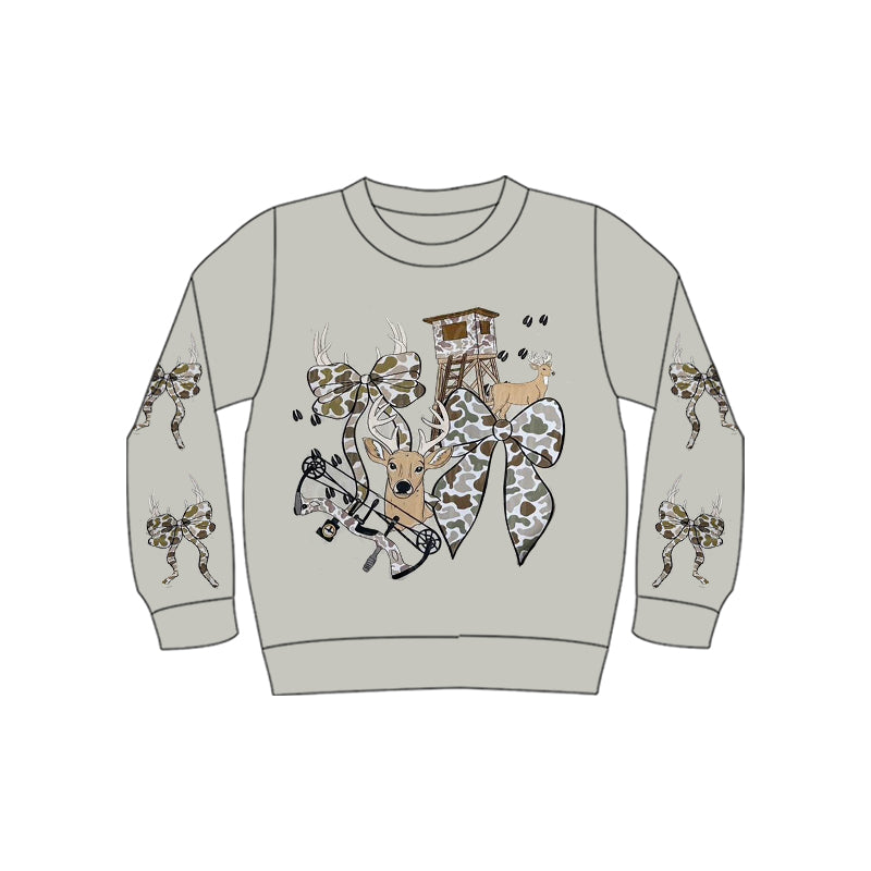 MOQ 5 Preorder GT1399 Deer Camouflage Bows Gray Long Sleeve Girls Tops 202510