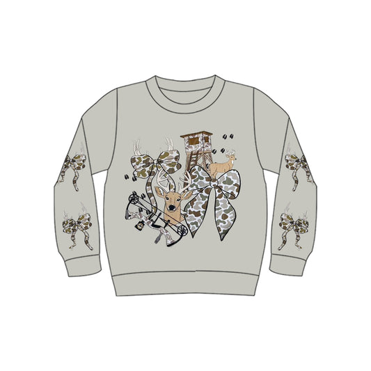 MOQ 5 Preorder GT1399 Deer Camouflage Bows Gray Long Sleeve Girls Tops 202510
