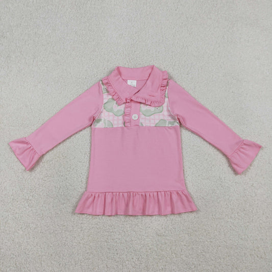 GT1402 Golf Tour Bus Pink Ruffle Buttons Long Sleeve Girls Tops 202601 RTS