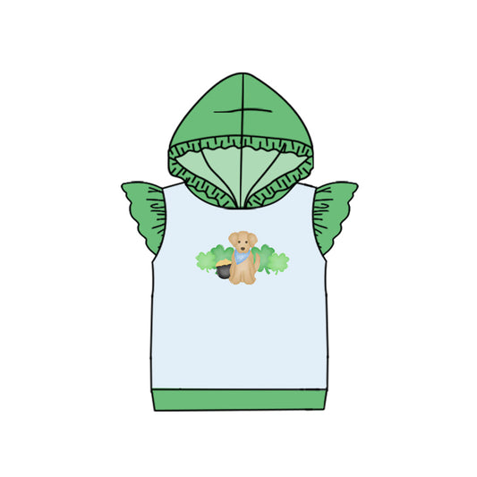 MOQ 5 Preorder GT1404 St. Patrick's Day Four-Leaf Clover Puppy Gold Coin Green Hooded Short Sleeve Girls Tops 202510