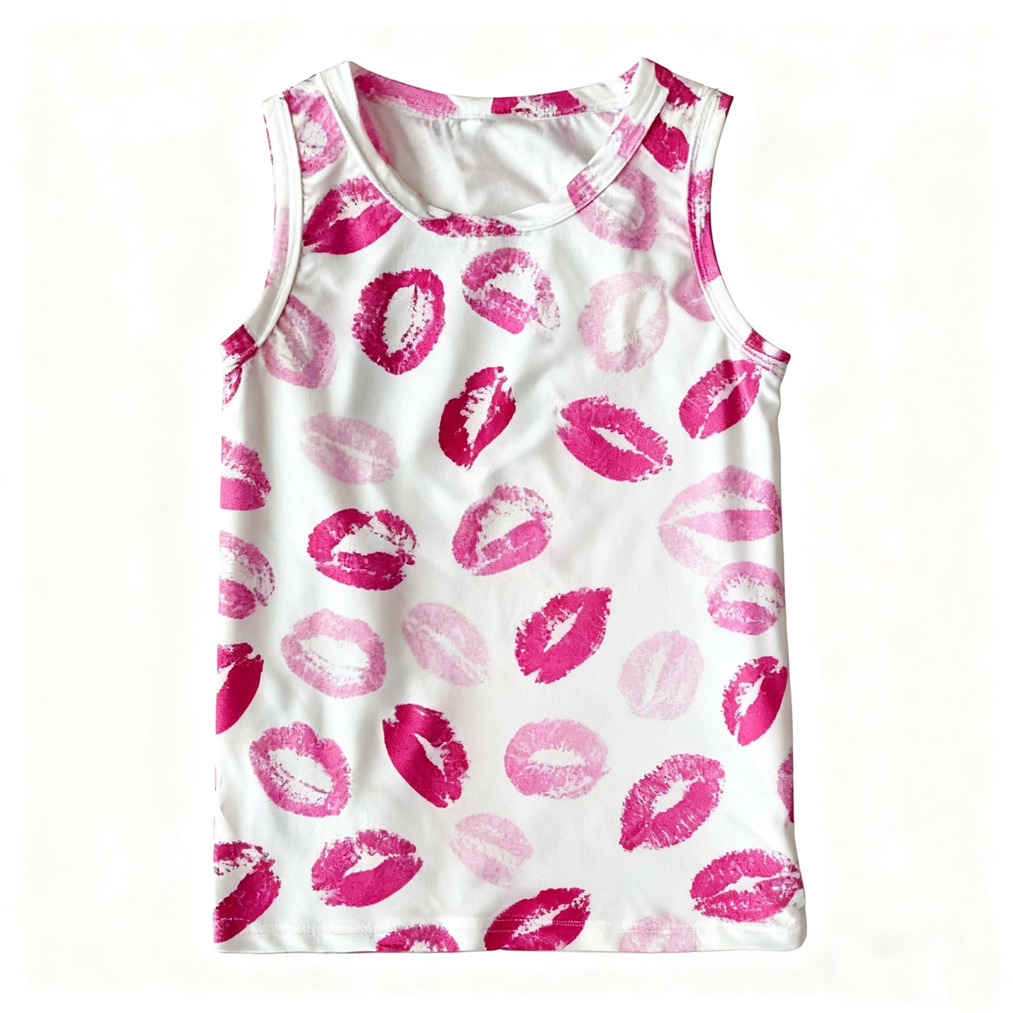 MOQ 5 PCS Preorder GT1419 Valentines Day Lipstick Marks White Sleeveless Girls Tops 202511