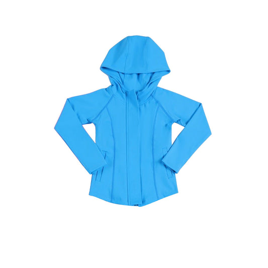 MOQ 5 PCS Preorder GT1435 Solid Blue Zip Hooded Long Sleeve Girls Yoga Tops 202511