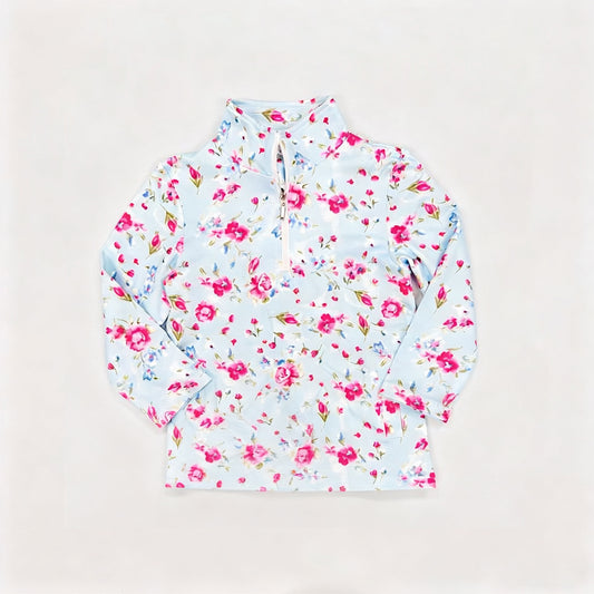 MOQ 5 PCS Preorder GT1463 Flower Light Blue Zip Collar Long Sleeve Girls Yoga Tops 202511