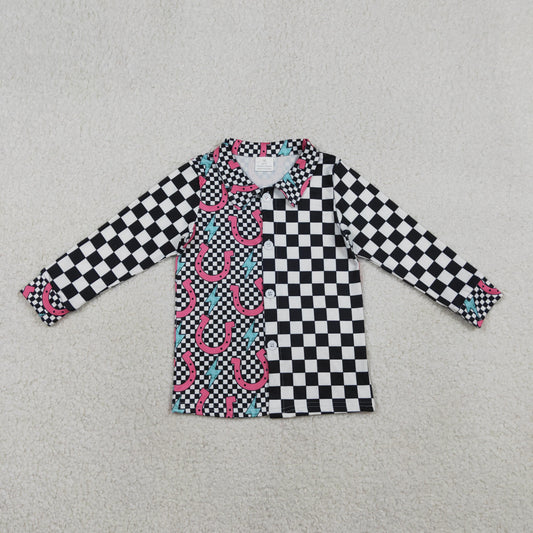 GT1509 Lightning Plaid Polo Buttons Long Sleeve Girls Tops 202603 RTS