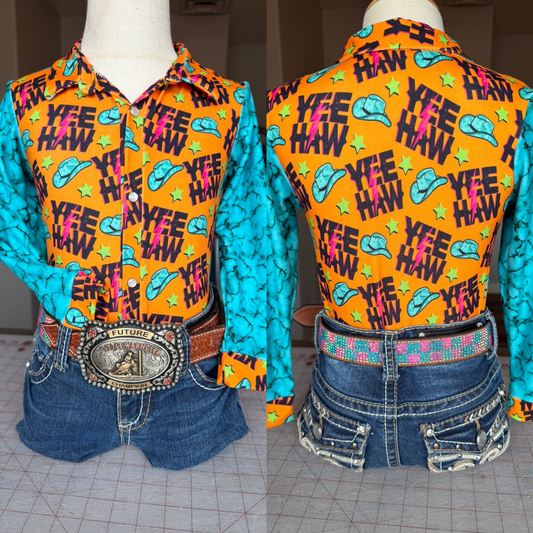 MOQ 5 PCS Preorder GT1510 Cowgirl Hat Star Polo Buttons Long Sleeve Girls Tops 202511