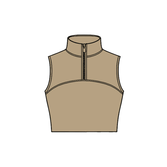 MOQ 5 PCS Preorder GT1523 Solid Khaki Zip Collar Sleeveless Girls Yoga Tops 202511