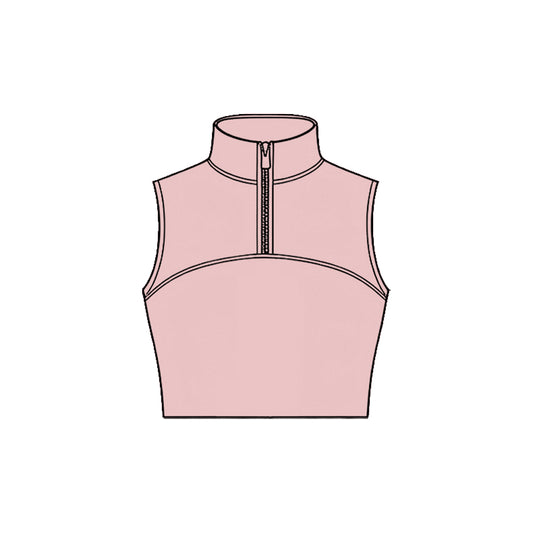 MOQ 5 PCS Preorder GT1524 Solid Light Pink Zip Collar Sleeveless Girls Yoga Tops 202511