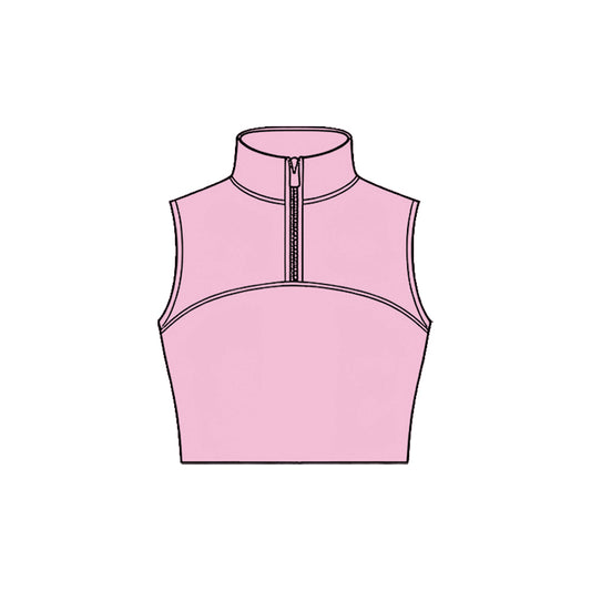MOQ 5 PCS Preorder GT1526 Solid Pink Zip Collar Sleeveless Girls Yoga Tops 202511