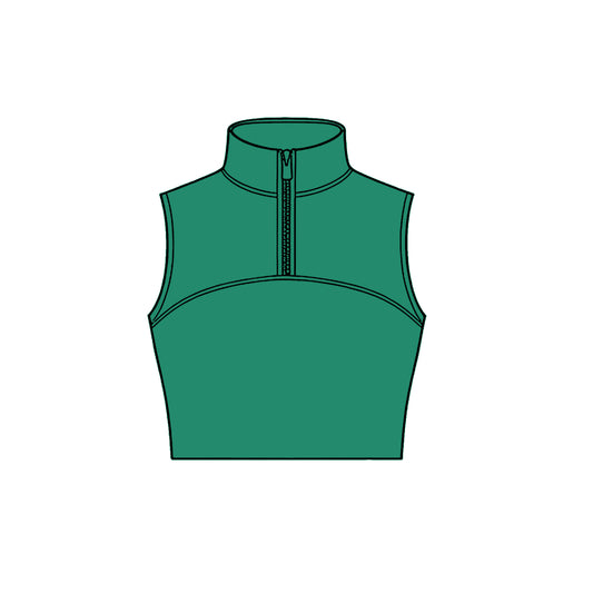 MOQ 5 PCS Preorder GT1533 Solid Dark Green Zip Collar Sleeveless Girls Yoga Tops 202511