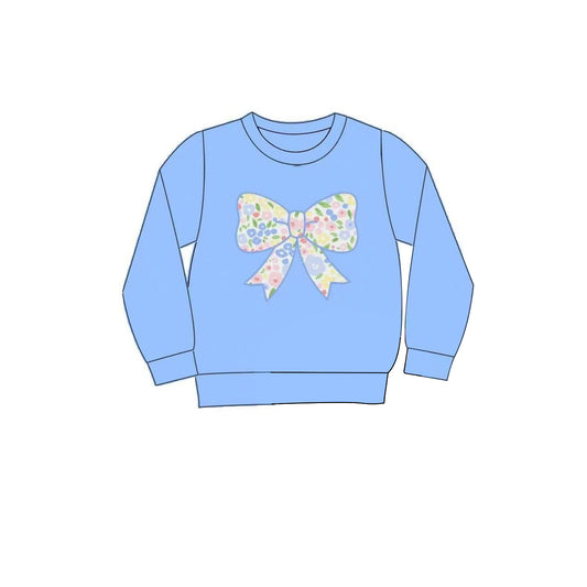 MOQ 5 PCS Preorder GT1538 Flower Bow Blue Long Sleeve Girls Tops 202512
