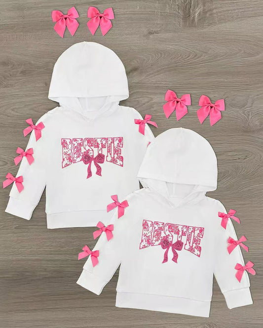 MOQ 5 PCS Preorder GT1539 Rose Red Bows White Hooded Long Sleeve Girls Tops 202512