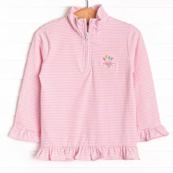 MOQ 5 PCS Preorder GT1544 Flower Pink Stripe Ruffle Zip Collar Long Sleeve Girls Tops 202512
