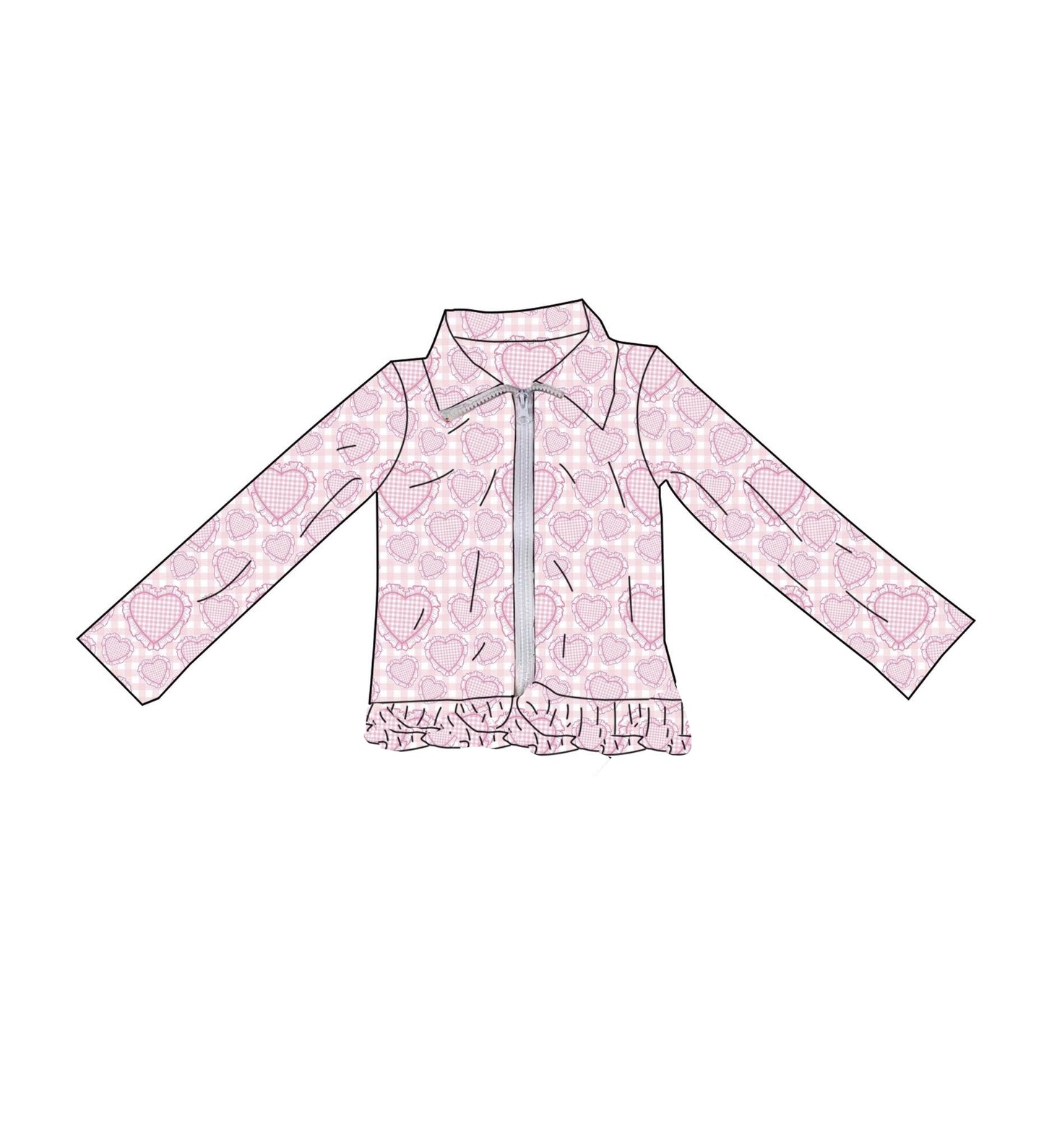MOQ 5 PCS Preorder GT1549 Valentines Day Love Pink Plaid Ruffle Zipper Long Sleeve Girls Yoga Tops 202512