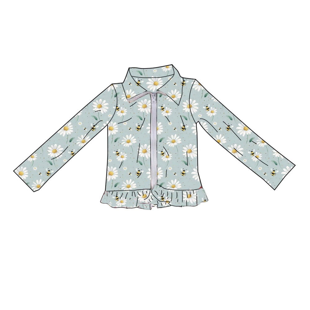 MOQ 5 PCS Preorder GT1551 Bee Flower Green Pea Ruffle Zipper Long Sleeve Girls Yoga Tops 202512