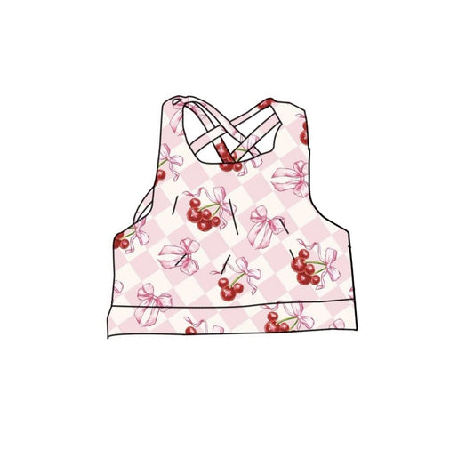 MOQ 5 PCS Preorder GT1554 Cherry Bows Pink Plaid Halter Girls Yoga Tops 202512