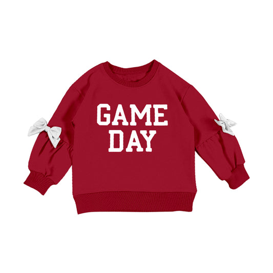 MOQ 5 PCS Preorder GT1583 GAME DAY White Bows Dark Red Long Sleeve Girls Tops 202601