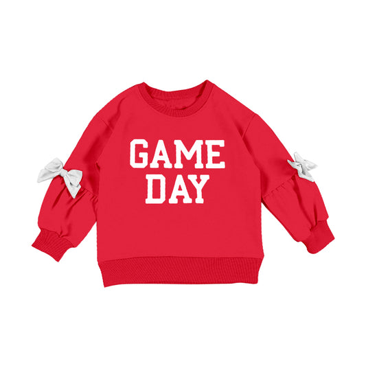 MOQ 5 PCS Preorder GT1584 GAME DAY White Bows Red Long Sleeve Girls Tops 202601