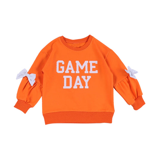 MOQ 5 PCS Preorder GT1585 GAME DAY White Bows Orange Long Sleeve Girls Tops 202601