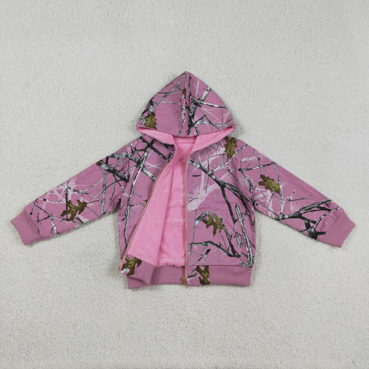 GT1591 Branches Leaves Pink Hooded Zip Sleeve Girls Tops Coat 202603 RTS