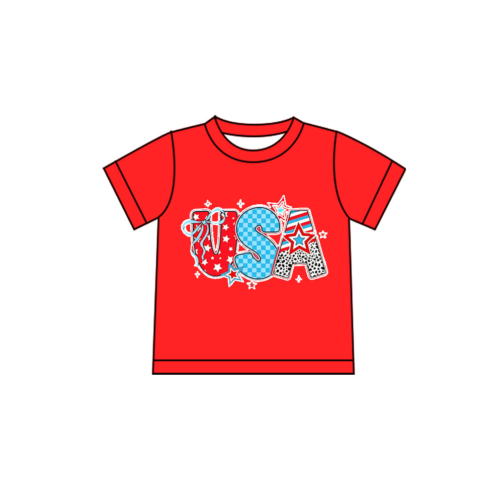 MOQ 5 PCS Preorder GT1592 4th of July USA Red Short Sleeve Girls Tops 202601