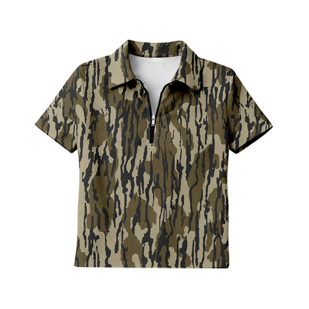 MOQ 5 PCS Preorder GT1596 Adult Female Army Green Camouflage Zip Polo Short Sleeve Top 202601