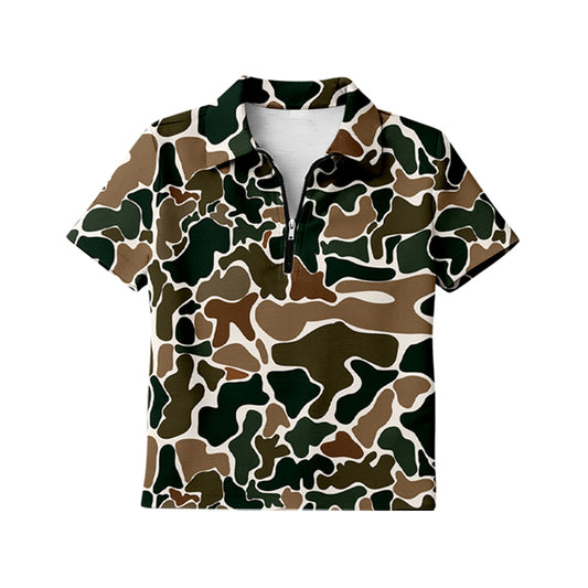 MOQ 5 PCS Preorder GT1599 Adult Female Brown Green Camouflage Zip Polo Short Sleeve Top 202601