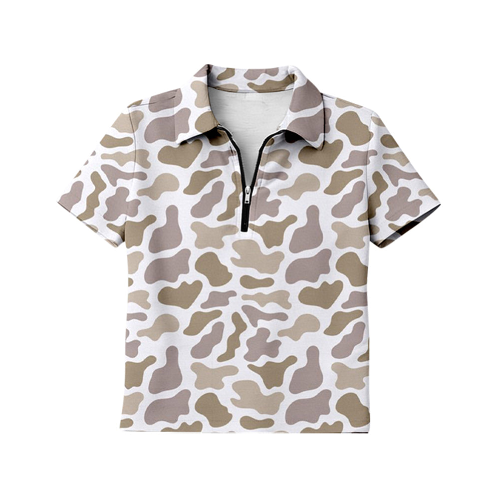 MOQ 5 PCS Preorder GT1601 Adult Female Beige Gray Brown Camouflage Zip Polo Short Sleeve Top 202601